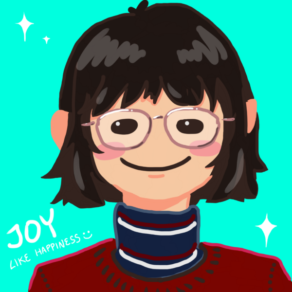 Illustrated headshot of Joy Lu with bright teal background